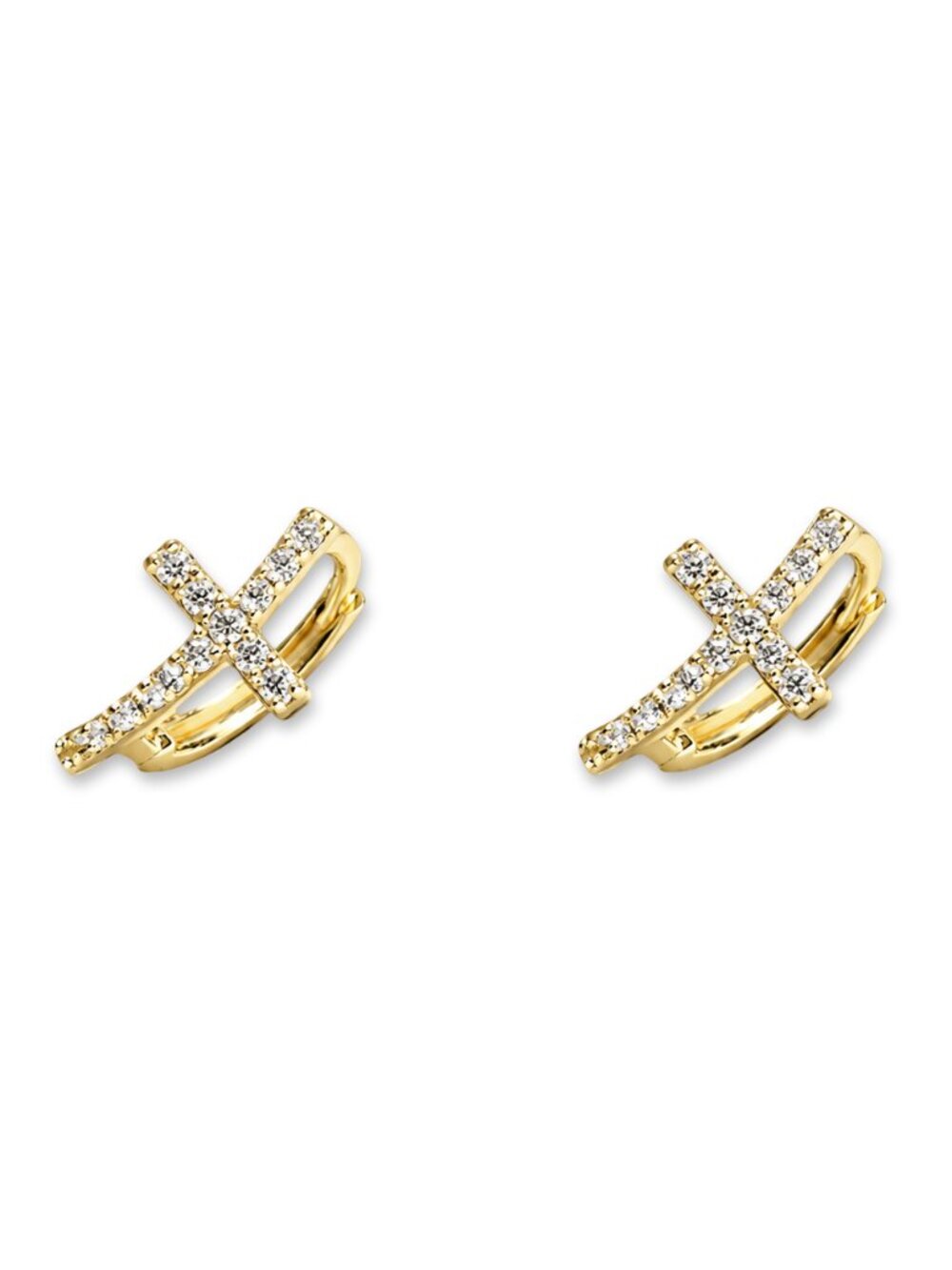 14K Solid Gold Curved CZ Cross Huggies Earrings By Tehrani Jewelry
